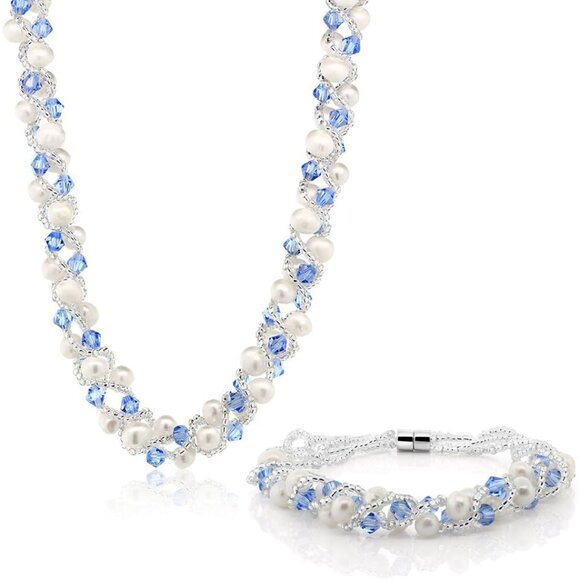 Elegant Pearl and Blue Crystal Mash Necklace and Bracelet Set for Women